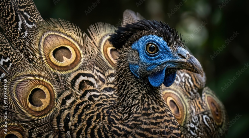 Obraz premium Close up portrait of a Great Argus pheasant displaying its intricate feather pattern.