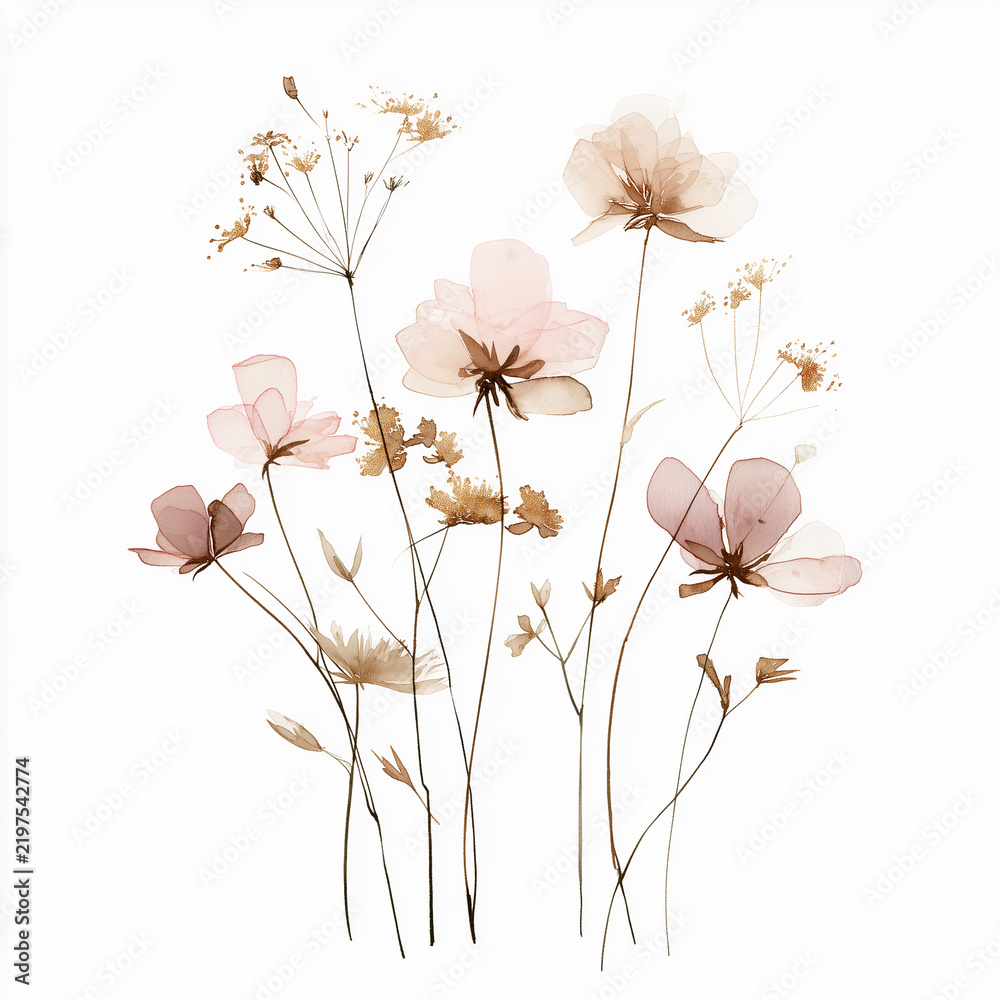 Obraz premium Delicate watercolor botanical digital paper floral background in soft basic beige tones