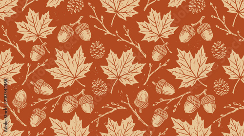 Autumn Leaves and Acorns Pattern on Rust Background