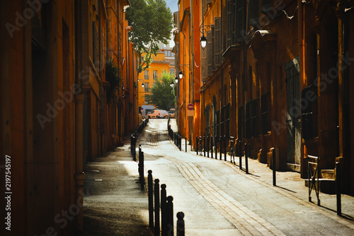 View of provence typical city Aix en Provence with old house facade in the morning