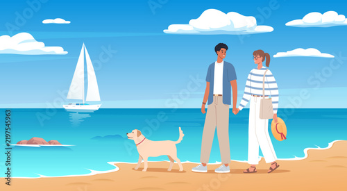 A young couple with a dog are walking along the seashore.