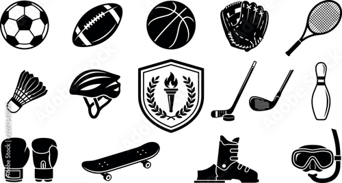 Sports Icons Set with Ball, Equipment, and Laurel Wreath Design. Athletic Vector Illustration, Game Symbols