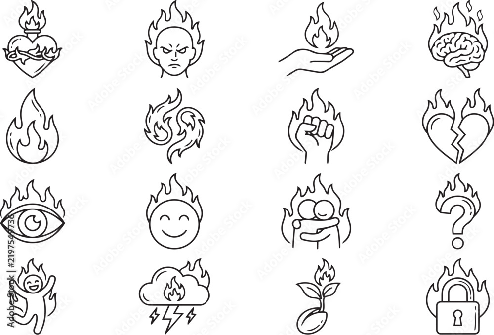 Obraz premium Heart, mind, and emotion fire symbols outline collection for spiritual and creative designs.