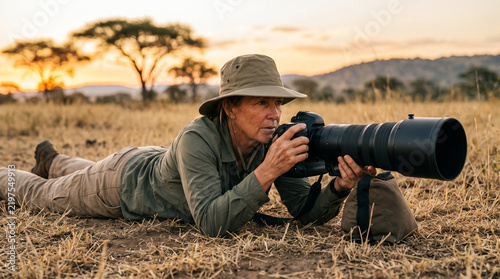Wildlife photographer lying on the ground with camera at sunset  