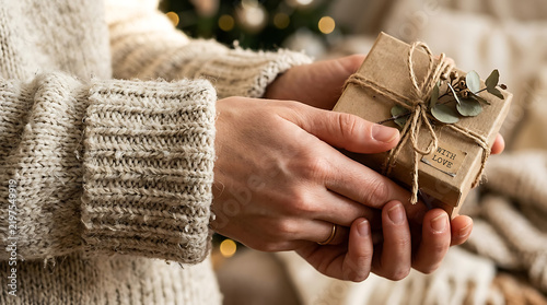 Hands holding a small gift box wrapped in twine and decorated with eucalyptus leaves, with a label that says With Love winter gift exchange