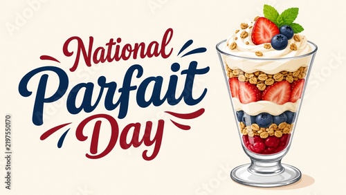 National Parfait Day celebration graphic with a delicious fruit and granola yogurt parfait illustration.