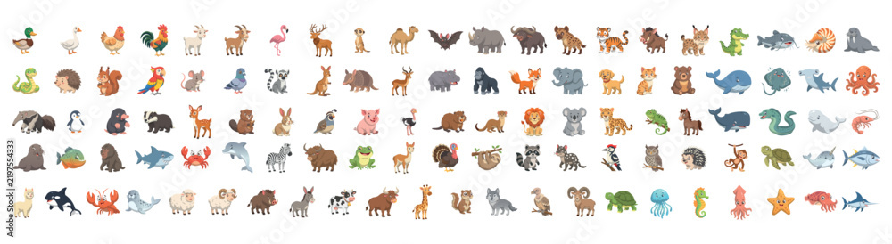 Obraz premium Mega set of cute cartoon wild, farm, and sea animals vector illustration