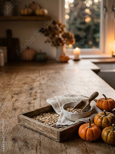 Rustic kitchen counter with pumpkin seeds in wooden bowl and fresh mini pumpkins for healthy seasonal autumn food prep. with copy space or border frame for celebration commercial