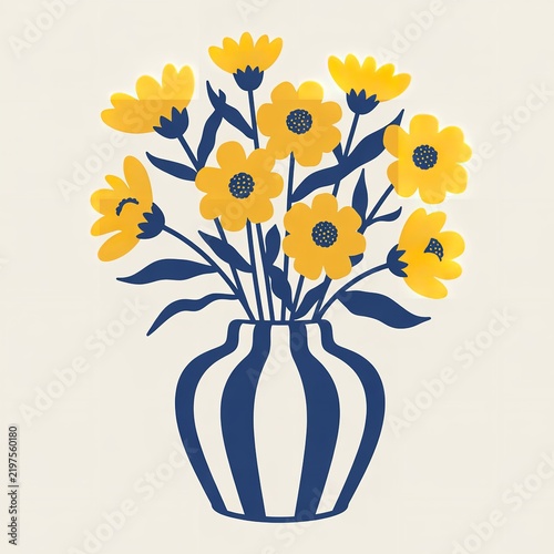 Yellow flowers in a blue and white striped vase on a neutral background