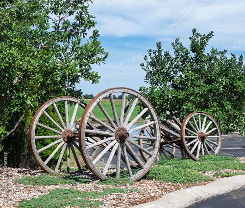 Four wooden wagon wheels rest on grass