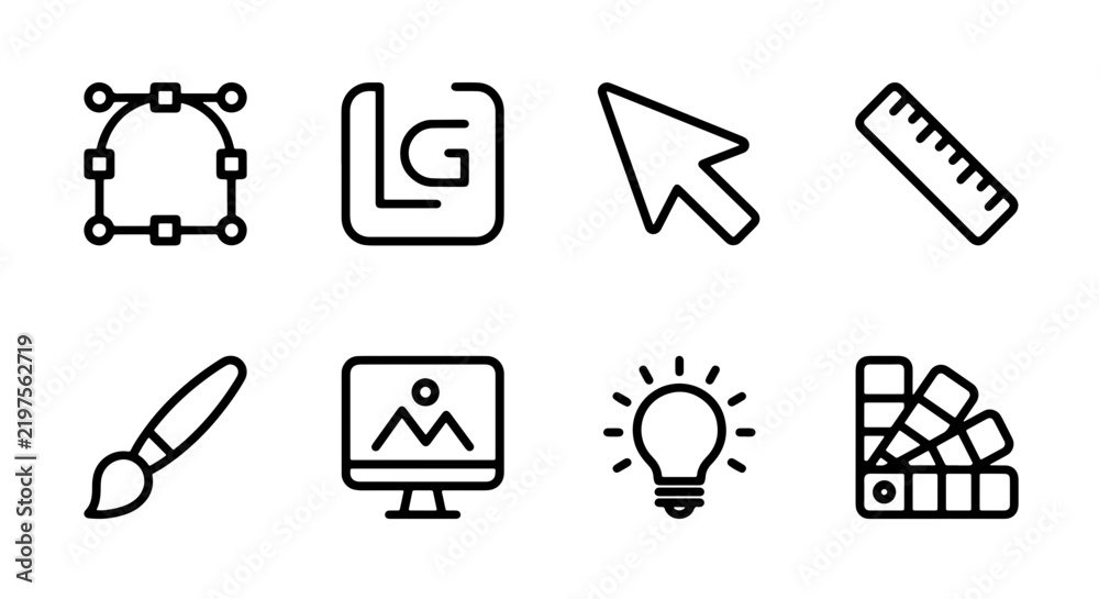 Obraz premium Graphic Design Icons Set: Vector Tools, Cursor, Ruler, Brush, Monitor, Lightbulb, Color Swatch