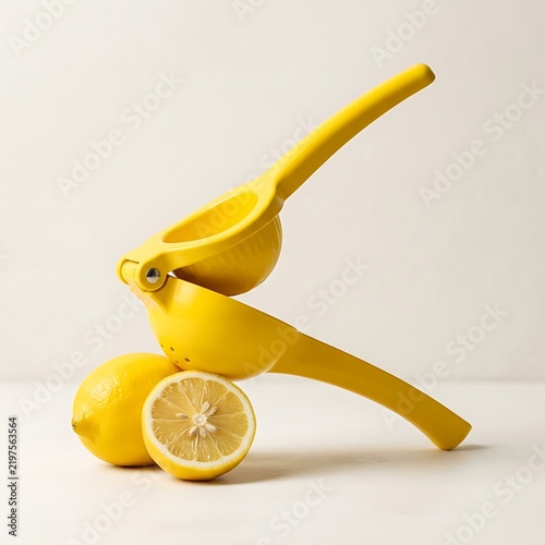 Yellow metal lemon squeezer with fresh citrus fruit on a white background