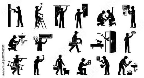 Home repair and maintenance vector icons, professional handyman service silhouettes, domestic renovation toolkit