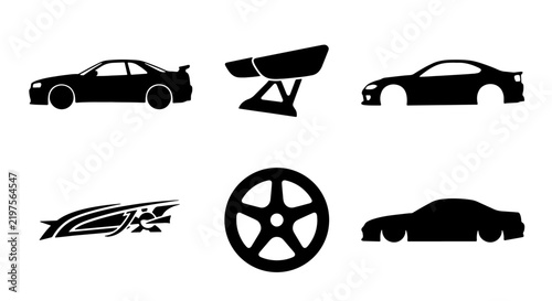 Automotive vector icon set, car parts and accessories, racing vehicle silhouettes, tuner car graphics