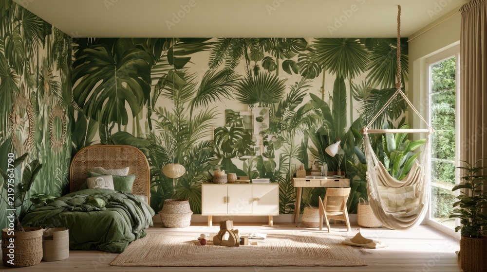 Obraz premium This childrens bedroom features a tropical jungle theme with large leaf prints, a rattan headboard, woven baskets, and a cozy hammock chair.