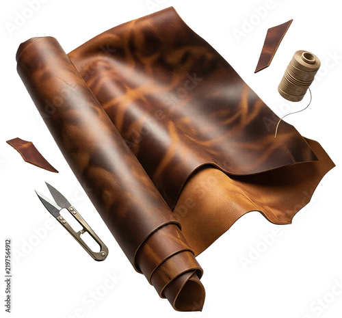 A roll of brown leather with a unique pattern on it, leather appears to be rolled up and is lying on a white surface, isolated product element on transparent background.