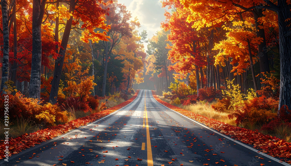 Fototapeta premium Autumn road through colorful forest with fallen leaves