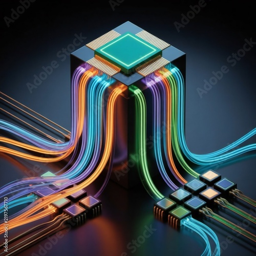 A 3d illustration of a microchip with colorful wires and circuits on a dark background, showcasing advanced technology and electronics