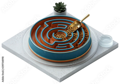 A round ceramic bowl with a blue and orange color scheme, bowl is placed on a grey marble base with a small potted plant on top, isolated product element on transparent background.