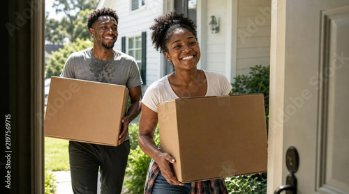 Happy young Black couple carrying cardboard moving boxes toward the open front door of a new house, summer sunlight, smiling, joyful move-in day portrait