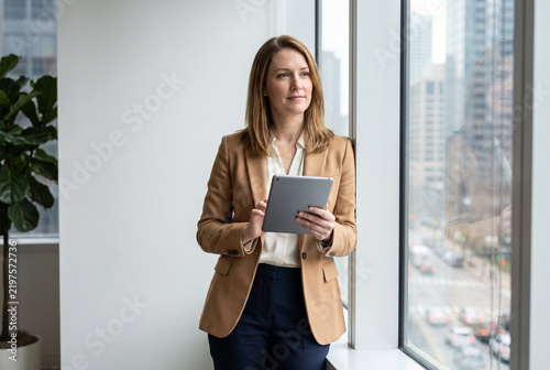 Businesswoman Holding Tablet in Modern Office by City Window