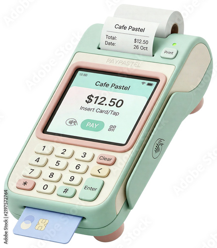 A small, light green-colored electronic device with a touch screen display for artisanal shop showcase, isolated product element on transparent background.