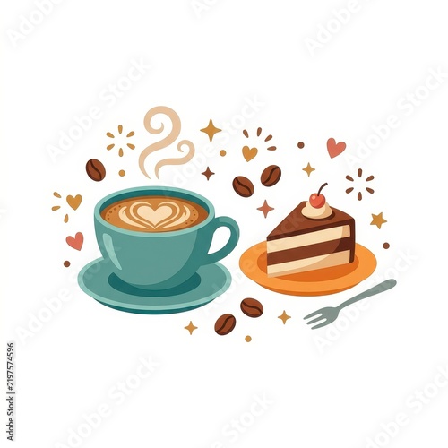 Coffee cup and cake slice vector illustration