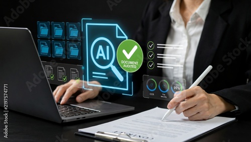 Businesswoman leveraging AI for efficient document analysis and data management