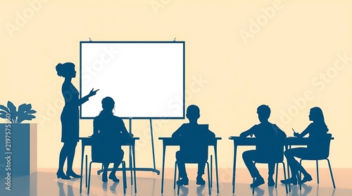 Silhouette illustration: A teacher stands next to a blank presentation board; students are seated at their desks. Modern educational media.