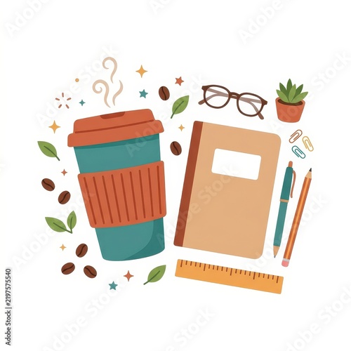 Cozy coffee cup notebook and stationery on white background