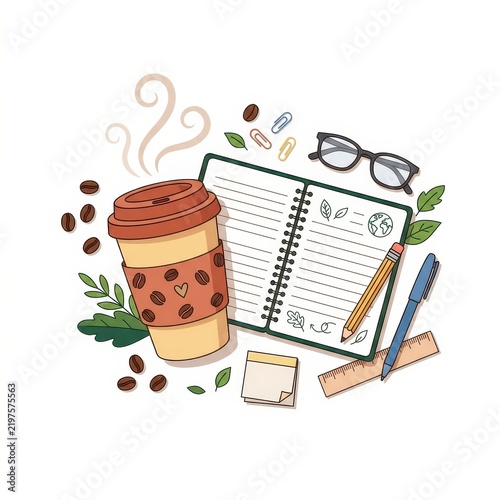 Coffee cup notebook glasses and office supplies on white