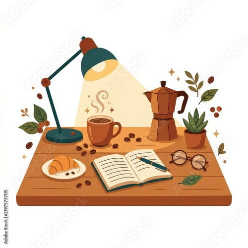 Cozy desk setup with coffee lamp and notebook