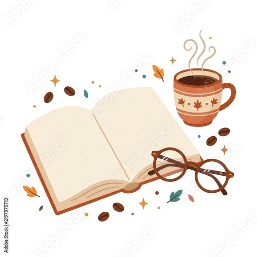 Open book with coffee cup and glasses on white background