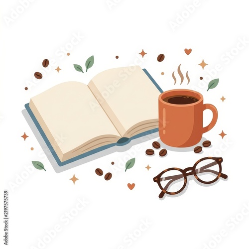 Open book with coffee cup and glasses