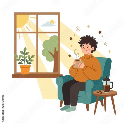 Man drinking coffee sitting in armchair near window