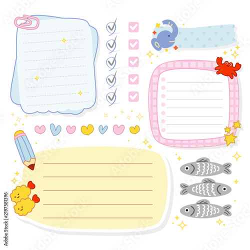 Cute Kawaii Animal and Food Journaling Set, Cute Memo Checklist Vector