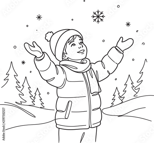 Christmas coloring page of a happy child catching snowflakes in winter