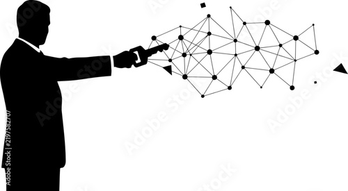 Silhouette of a businessman holding a key that transforms into a digital network on a plain white background