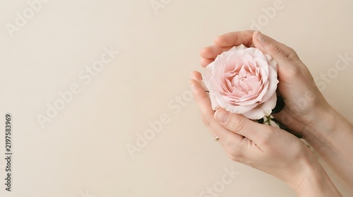Gentle hands cradling a delicate pink rose, symbolizing care, beauty, and tenderness