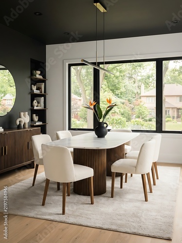 A modern dining room featuring a large oval table with chairs, a buffet, and shelves, set against a backdrop of a window looking out onto greenery