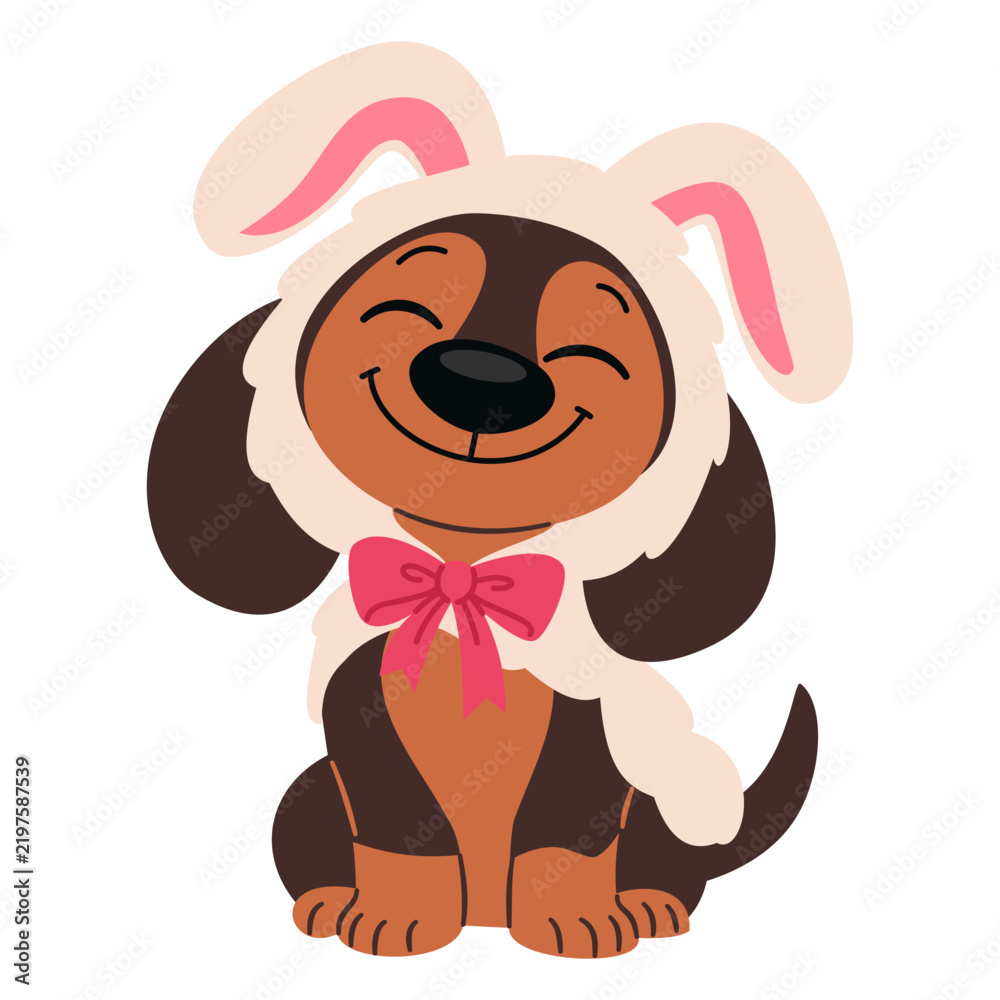 Fototapeta premium Cute dachshund wearing a fluffy bunny hat and a bright pink bow, smiling with closed eyes. Flat vector illustration of an adorable playful dog in a festive costume, isolated on white. Vector