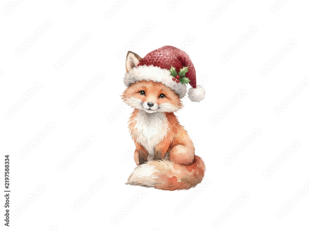 Fototapeta premium Christmas Fox Cub Watercolor: An adorable fox cub wearing a festive Santa hat sits patiently, its fluffy tail curled around it, ready for the holiday season.