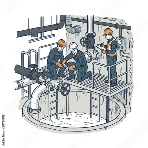 Three male workers in hard hats and uniforms perform maintenance on large industrial pipes and machinery within a deep, circular water treatment or pumping station.