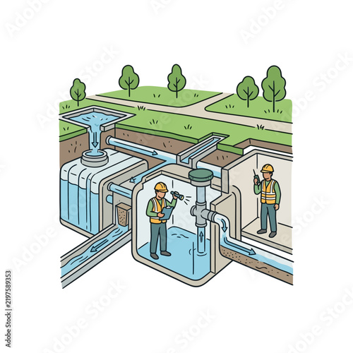 Industrial workers monitor a complex underground stormwater management system, featuring multiple reservoirs, pipes, and filtration components, all within a green landscape.