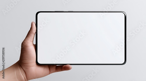 Tablet mockup held in hand isolated on white background