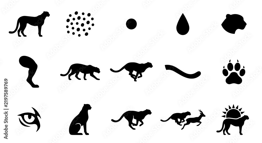 Obraz premium Cheetah Silhouette Icons Set, African Wildlife Vector Graphics, Wild Cat Animal Poses, Hunting and Running Motion