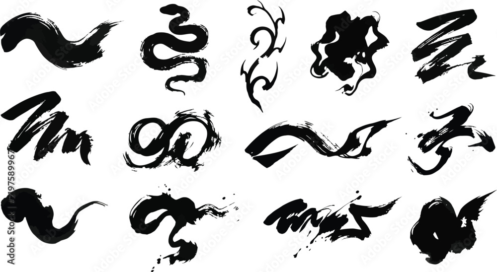 Fototapeta premium Set of black ink brush stroke elements with fluid shapes for artistic graphic design and layouts.