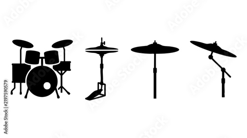 Drum Kit Vector Icons, Percussion Instruments Silhouettes, Rock Music Equipment Graphics, Musical Performance Symbols