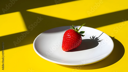 Single fresh red strawberry on white plate with vibrant yellow background and dramatic lighting creating sharp shadows