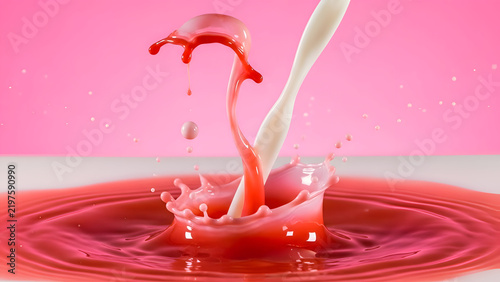 Milk and red liquid splash in pink background dynamic motion vibrant colors creative beverage concept abstract fluid art flowing texture modern design element